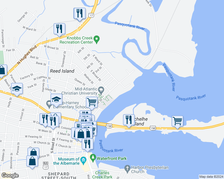 map of restaurants, bars, coffee shops, grocery stores, and more near 998 North Poindexter Street in Elizabeth City