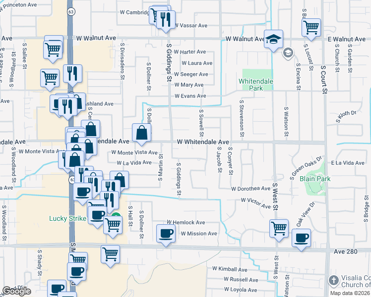 map of restaurants, bars, coffee shops, grocery stores, and more near 2825 South Oak Park Court in Visalia
