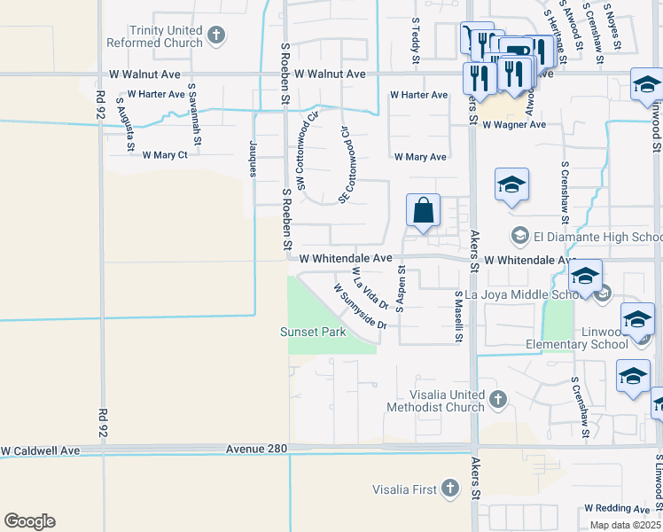 map of restaurants, bars, coffee shops, grocery stores, and more near 5900 West Monte Verde Avenue in Visalia