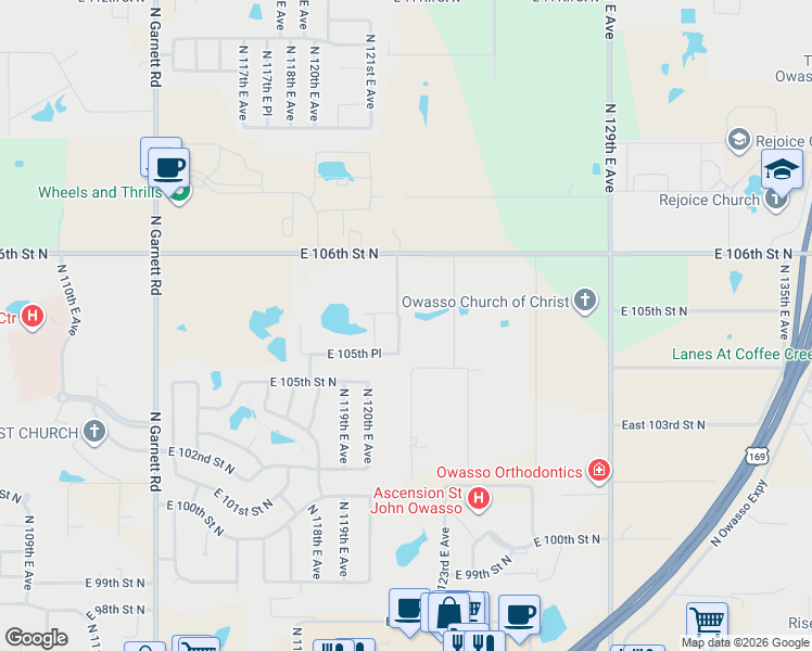 map of restaurants, bars, coffee shops, grocery stores, and more near 10561 North 121st East Avenue in Owasso