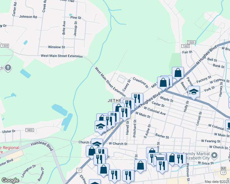 map of restaurants, bars, coffee shops, grocery stores, and more near 1300-1398 West Main Street Extension in Elizabeth City