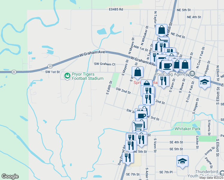 map of restaurants, bars, coffee shops, grocery stores, and more near 108 South Edith Street in Pryor