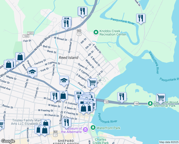 map of restaurants, bars, coffee shops, grocery stores, and more near 705 2nd Street in Elizabeth City