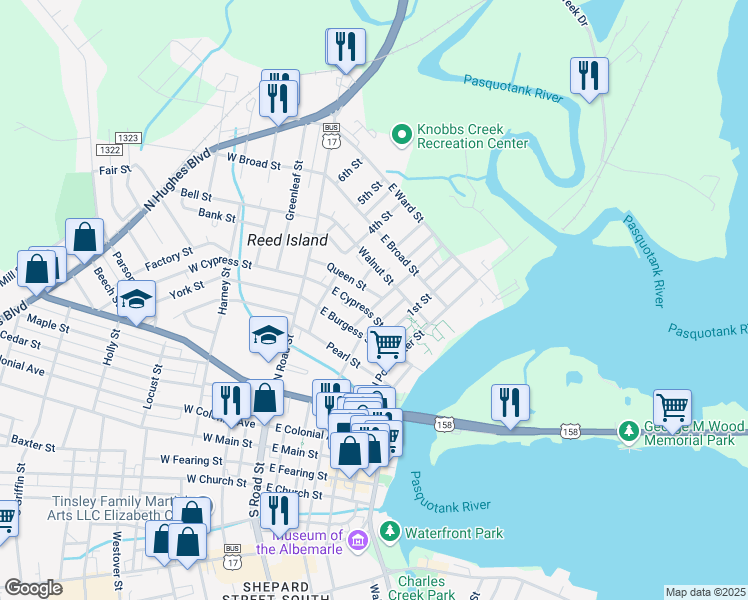 map of restaurants, bars, coffee shops, grocery stores, and more near 705 2nd Street in Elizabeth City