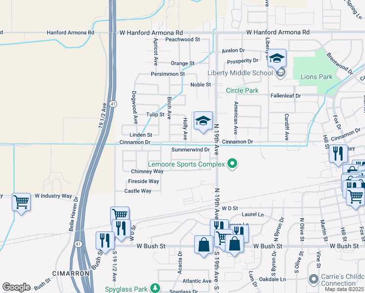 map of restaurants, bars, coffee shops, grocery stores, and more near 1400 Summerwind Drive in Lemoore