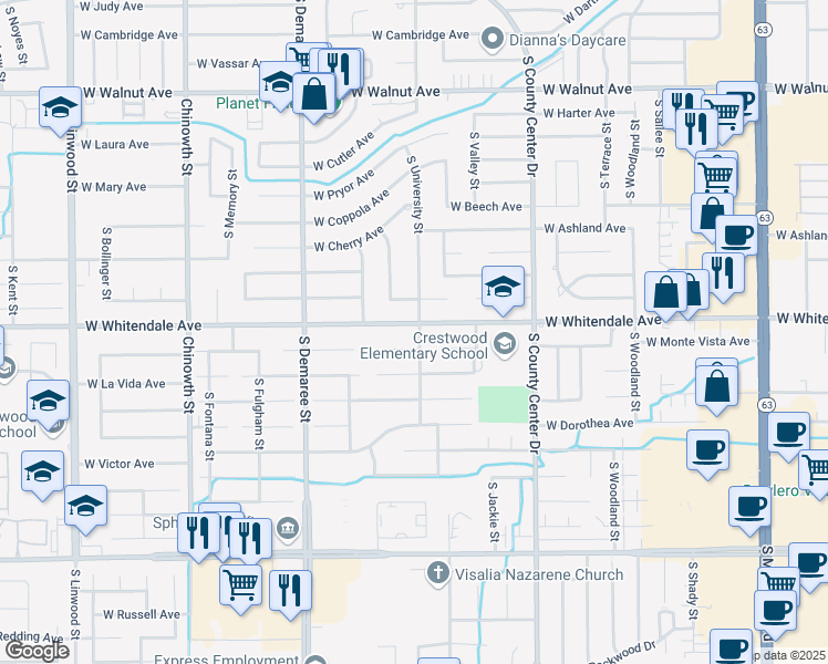 map of restaurants, bars, coffee shops, grocery stores, and more near 3311 West Whitendale Avenue in Visalia