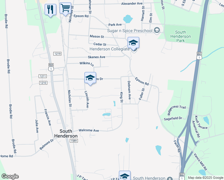 map of restaurants, bars, coffee shops, grocery stores, and more near 505 Glenn Street in Henderson