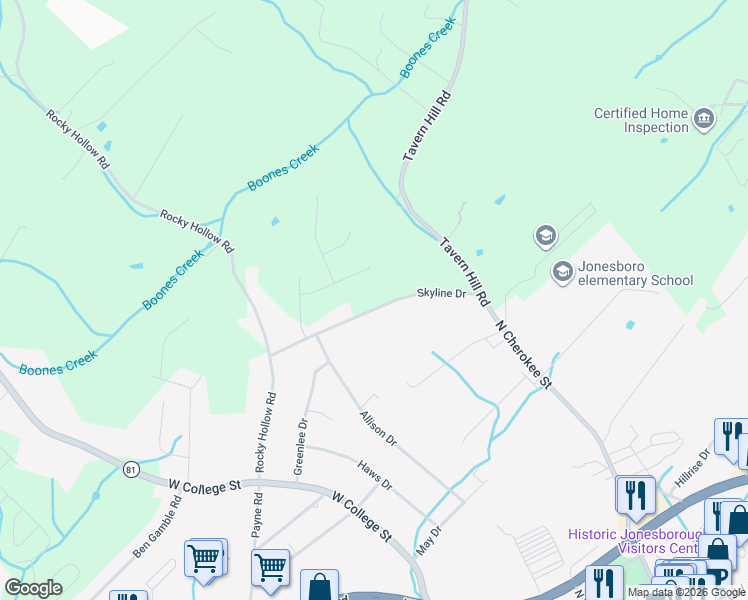 map of restaurants, bars, coffee shops, grocery stores, and more near 1265 Skyline Drive in Jonesborough