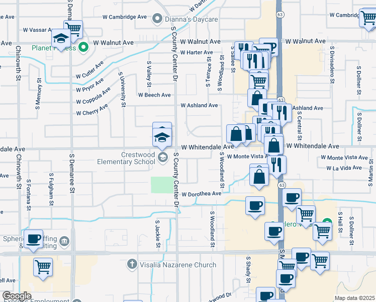 map of restaurants, bars, coffee shops, grocery stores, and more near 2815 West Whitendale Avenue in Visalia