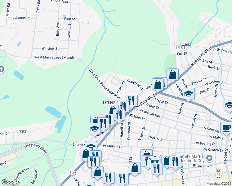 map of restaurants, bars, coffee shops, grocery stores, and more near 1300 West Main Street Extension in Elizabeth City