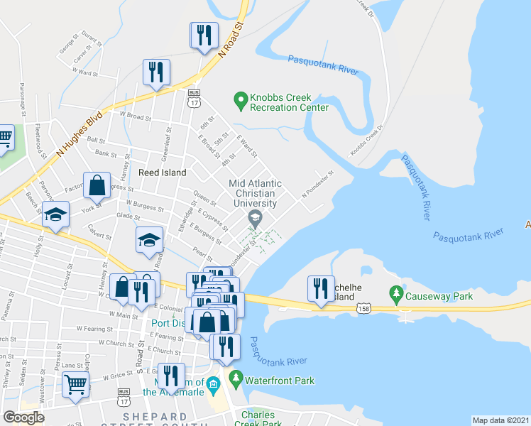 map of restaurants, bars, coffee shops, grocery stores, and more near 406 East Broad Street in Elizabeth City