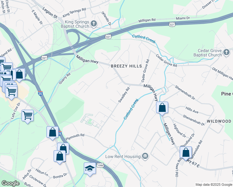 map of restaurants, bars, coffee shops, grocery stores, and more near 904 Milligan Highway in Johnson City