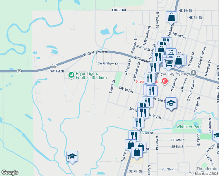 map of restaurants, bars, coffee shops, grocery stores, and more near 113 South Maple Street in Pryor
