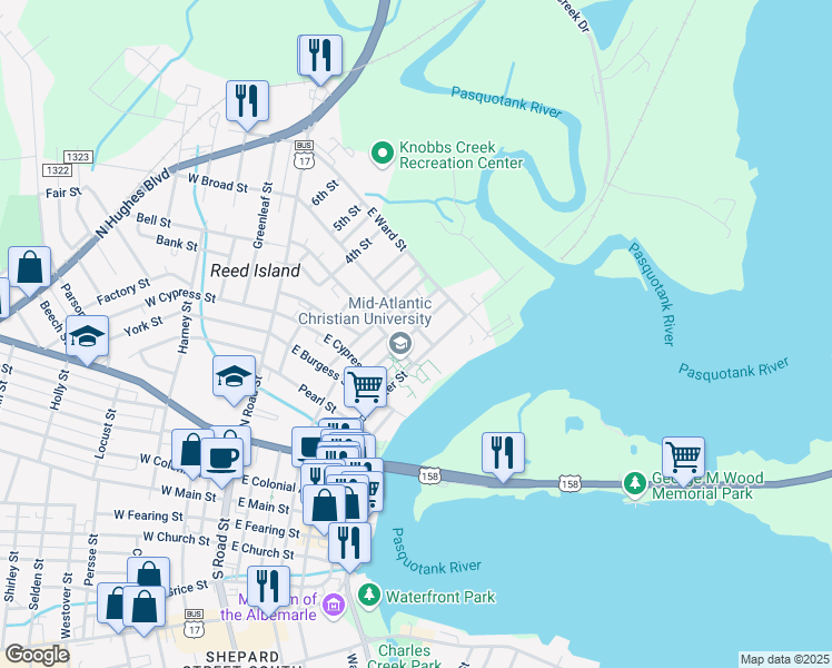 map of restaurants, bars, coffee shops, grocery stores, and more near 501 East Broad Street in Elizabeth City