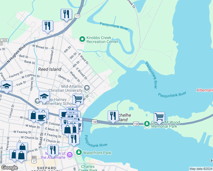 map of restaurants, bars, coffee shops, grocery stores, and more near 101 Continental Drive in Elizabeth City