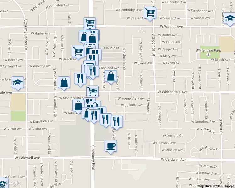 map of restaurants, bars, coffee shops, grocery stores, and more near 1731 West Whitendale Avenue in Visalia