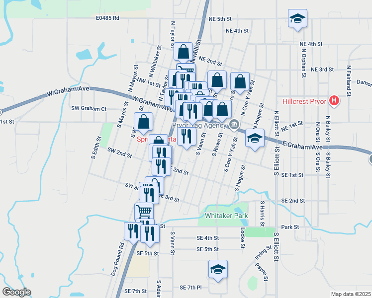 map of restaurants, bars, coffee shops, grocery stores, and more near in Pryor