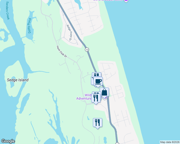 map of restaurants, bars, coffee shops, grocery stores, and more near 692 Ocean Trail in Corolla