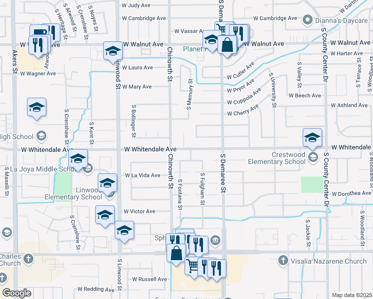 map of restaurants, bars, coffee shops, grocery stores, and more near 3849 West Country Avenue in Visalia