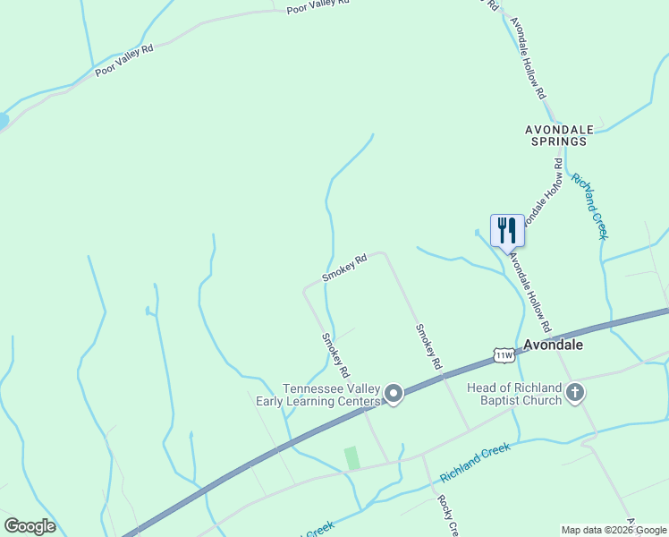 map of restaurants, bars, coffee shops, grocery stores, and more near 493 Smokey Road in Rutledge