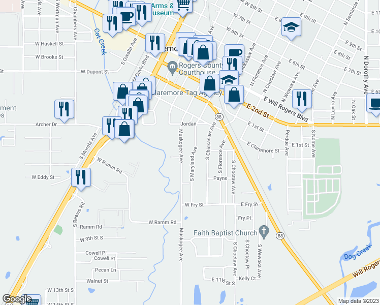 map of restaurants, bars, coffee shops, grocery stores, and more near 601 South Maryland Avenue in Claremore