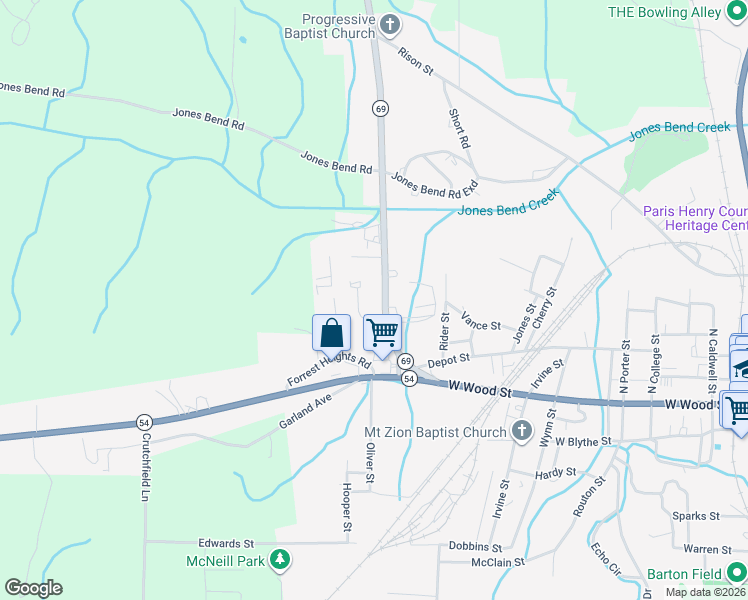 map of restaurants, bars, coffee shops, grocery stores, and more near 203 Tennessee 69 in Paris