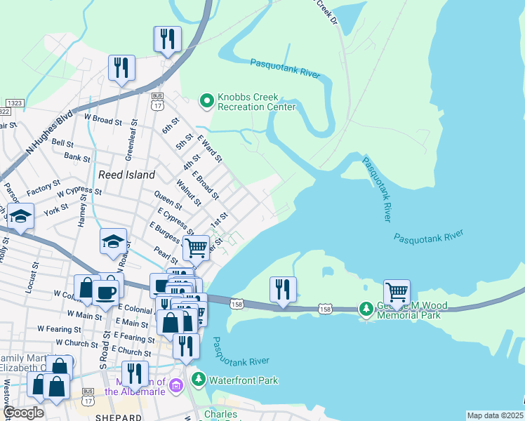 map of restaurants, bars, coffee shops, grocery stores, and more near 917 North Poindexter Street in Elizabeth City