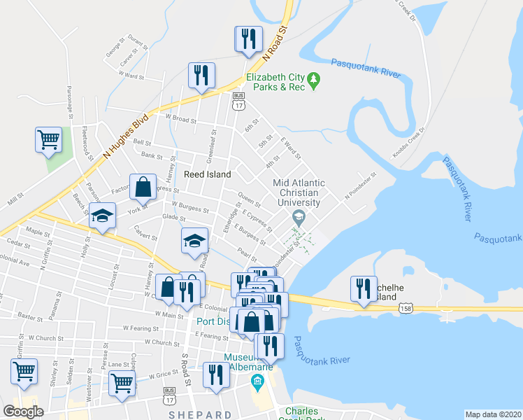 map of restaurants, bars, coffee shops, grocery stores, and more near 300 Queen Street in Elizabeth City