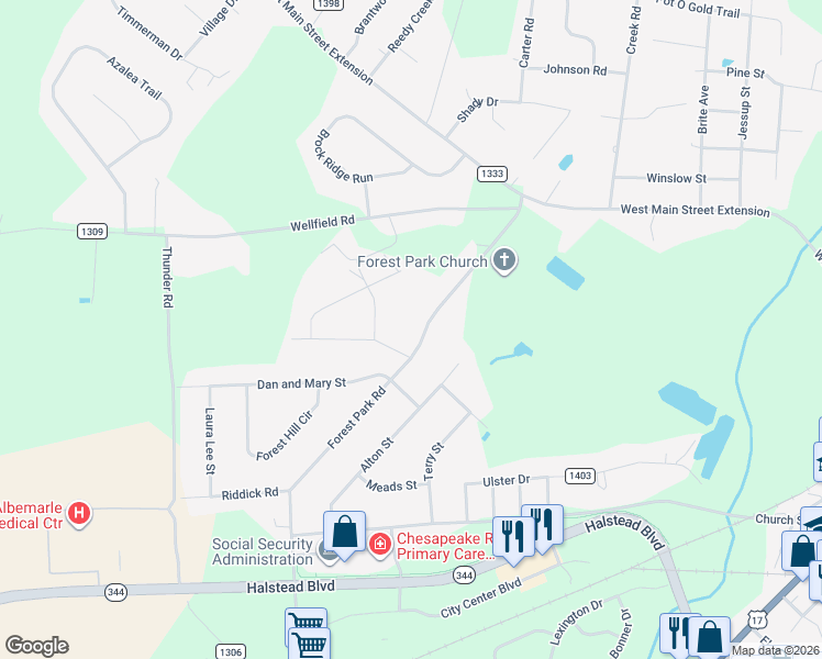 map of restaurants, bars, coffee shops, grocery stores, and more near 405 State Road 1307 in Elizabeth City
