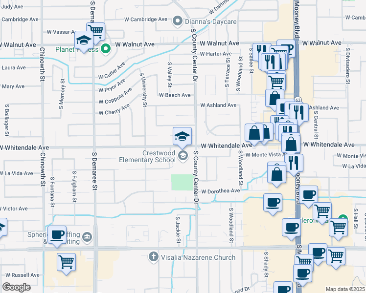 map of restaurants, bars, coffee shops, grocery stores, and more near 3001 West Whitendale Avenue in Visalia
