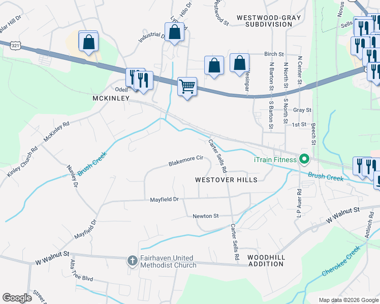 map of restaurants, bars, coffee shops, grocery stores, and more near 140 Blakemore Circle in Johnson City