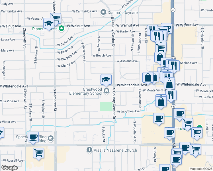 map of restaurants, bars, coffee shops, grocery stores, and more near 3001 West Whitendale Avenue in Visalia