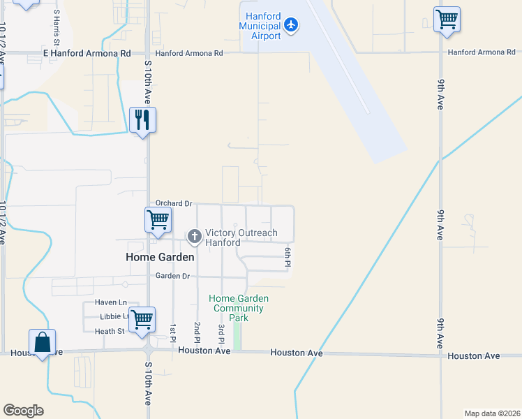 map of restaurants, bars, coffee shops, grocery stores, and more near 9611 Orchard Drive in Hanford