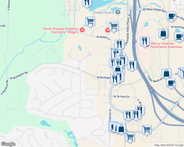 map of restaurants, bars, coffee shops, grocery stores, and more near 5505 West Northgate Road in Rogers