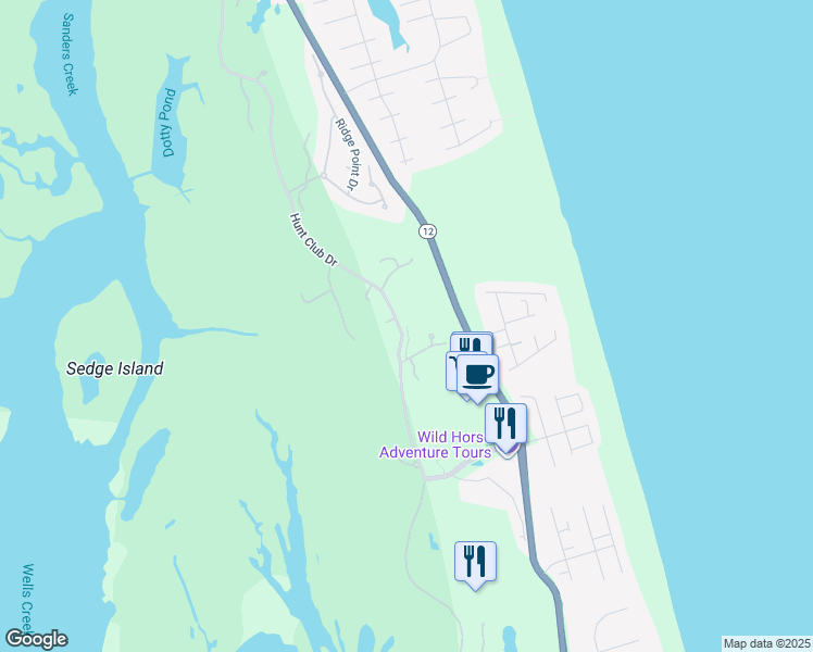 map of restaurants, bars, coffee shops, grocery stores, and more near 655 Sand and Sea Court in Corolla