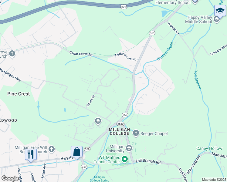 map of restaurants, bars, coffee shops, grocery stores, and more near Milligan Lane in Johnson City
