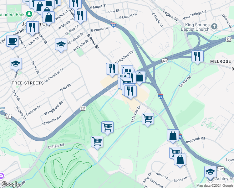 map of restaurants, bars, coffee shops, grocery stores, and more near 211 University Pkwy in Johnson City