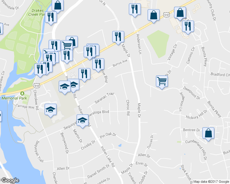 map of restaurants, bars, coffee shops, grocery stores, and more near 116 Saranac Trail in Hendersonville