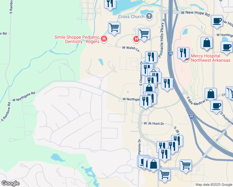 map of restaurants, bars, coffee shops, grocery stores, and more near 5505 West Northgate Road in Rogers