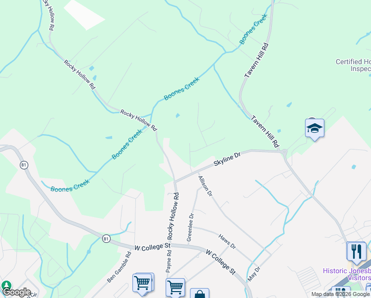 map of restaurants, bars, coffee shops, grocery stores, and more near 1516 Rocky Hollow Road in Jonesborough