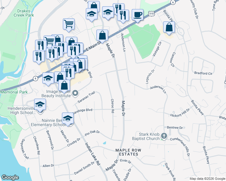 map of restaurants, bars, coffee shops, grocery stores, and more near 111 Chiroc Road in Hendersonville
