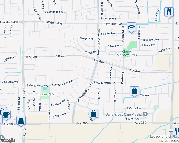 map of restaurants, bars, coffee shops, grocery stores, and more near 1502 Mesa Court in Visalia
