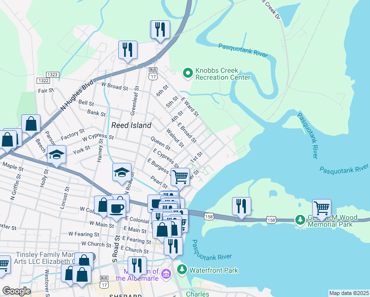 map of restaurants, bars, coffee shops, grocery stores, and more near 400 Walnut Street in Elizabeth City