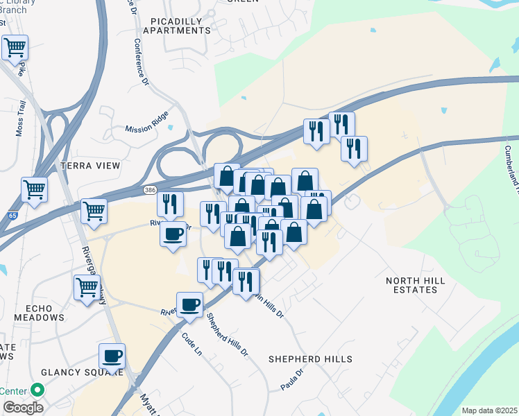 map of restaurants, bars, coffee shops, grocery stores, and more near 2156 Gallatin Pike North in Goodlettsville