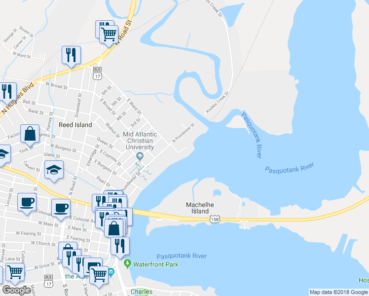 map of restaurants, bars, coffee shops, grocery stores, and more near 1000 Continental Drive in Elizabeth City