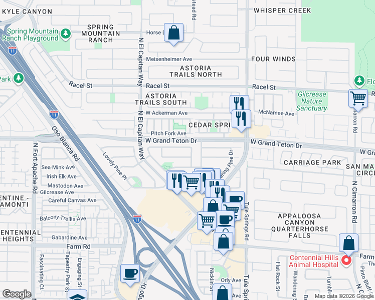 map of restaurants, bars, coffee shops, grocery stores, and more near 8621 West Majestic Pine Avenue in Las Vegas
