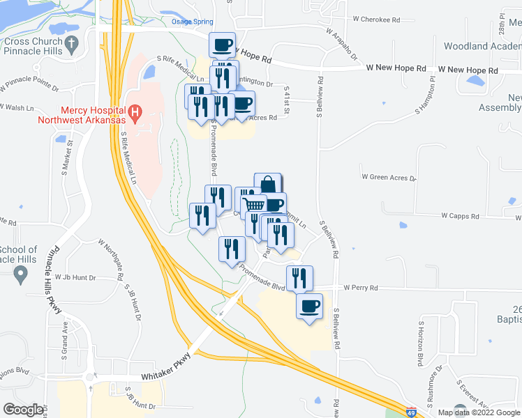map of restaurants, bars, coffee shops, grocery stores, and more near 2203 South Promenade Boulevard in Rogers