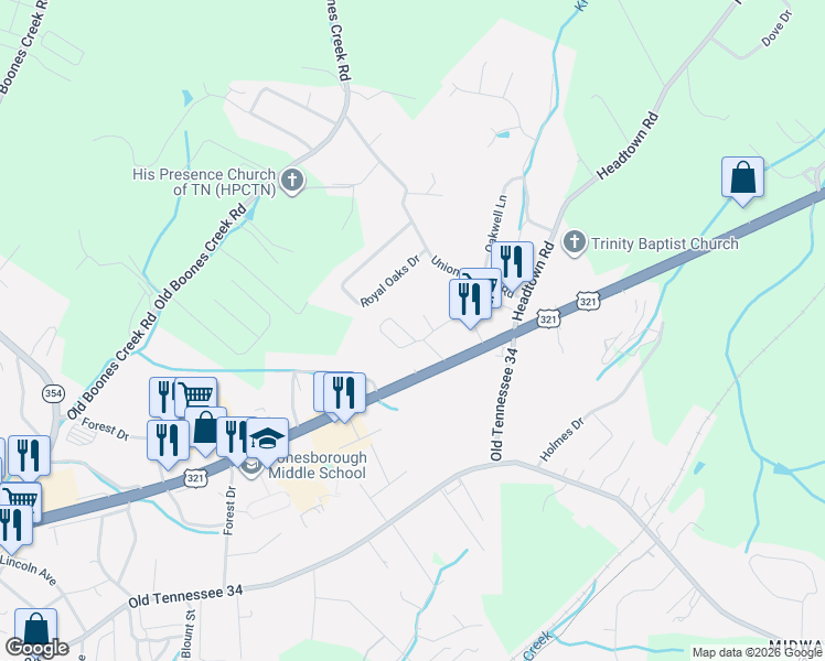 map of restaurants, bars, coffee shops, grocery stores, and more near 287 Baileigh Lyn Loop in Jonesborough