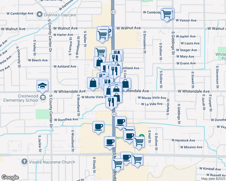 map of restaurants, bars, coffee shops, grocery stores, and more near South Mooney Boulevard & West Whitendale Avenue in Visalia