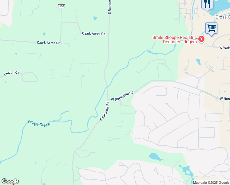 map of restaurants, bars, coffee shops, grocery stores, and more near 6739 Rambo North Road in Rogers